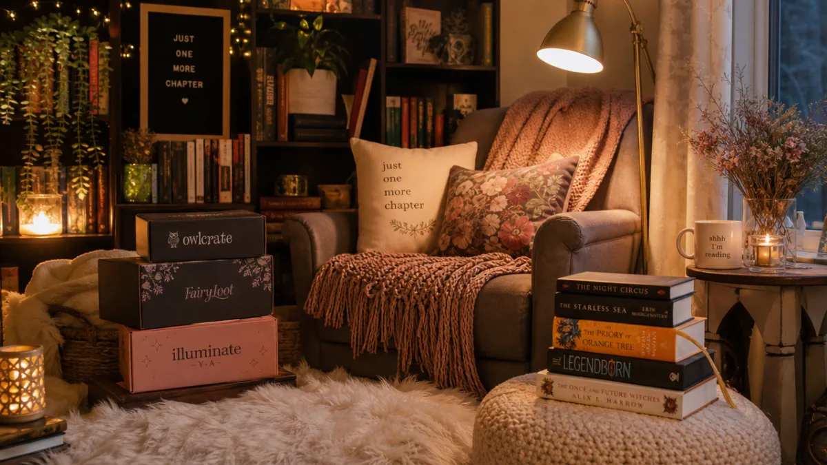 a cozy reading nook with subscription boxes and books stacked invitingly, warm…