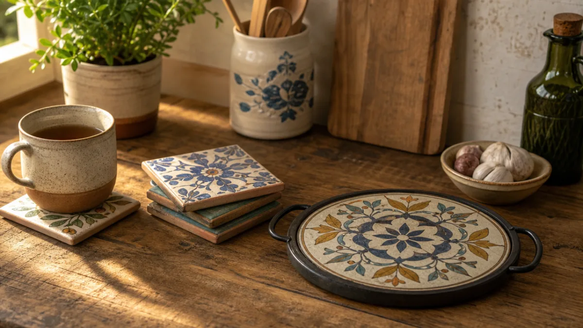 a rustic kitchen countertop displaying handmade tile coasters and a decorative trivet,…