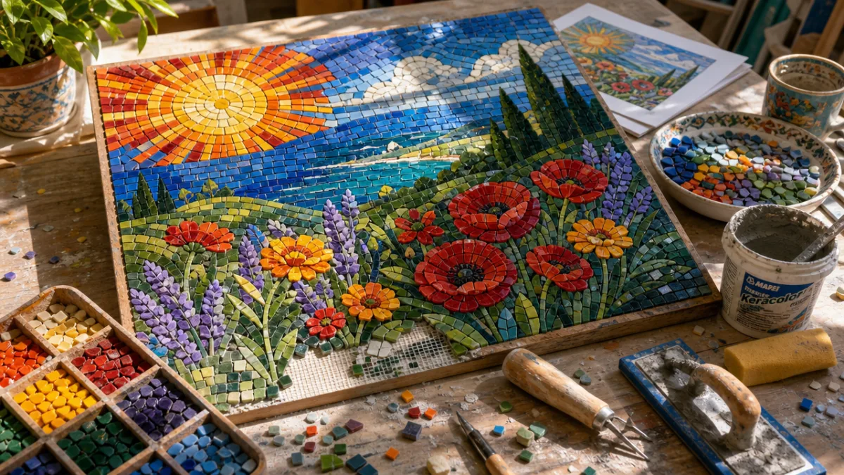 a colorful mosaic art panel in progress on a sunlit studio worktable,…