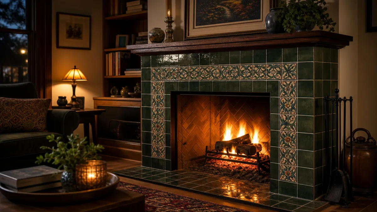 an elegant tiled fireplace surround in a cozy living room, glowing fire…