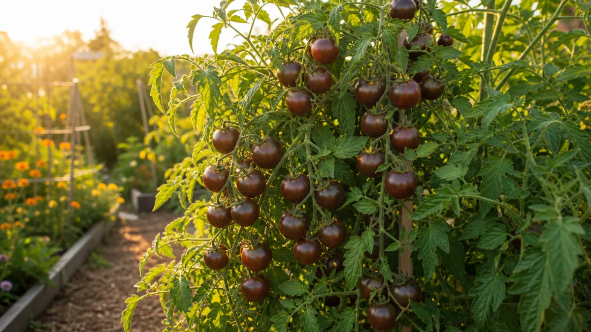 a lush green tomato plant heavily laden with dark cherry tomatoes in…