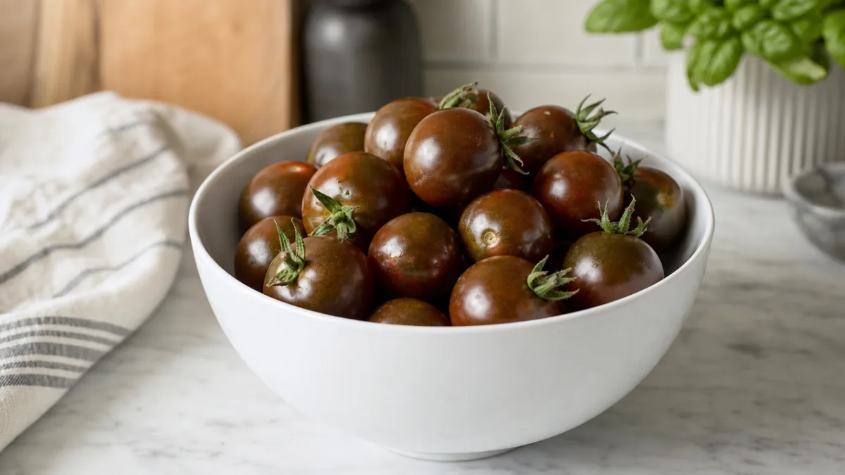 a white ceramic bowl filled with glossy dark Chocolate Cherry tomatoes on…