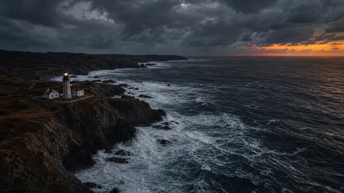 a dramatic aerial view of a stormy Atlantic coastline with dark churning…