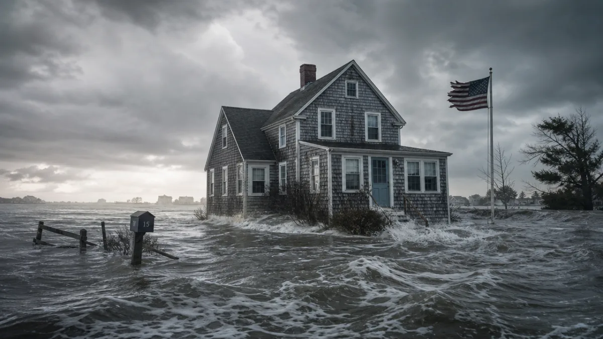 a weathered New England coastal home surrounded by storm surge floodwaters under…