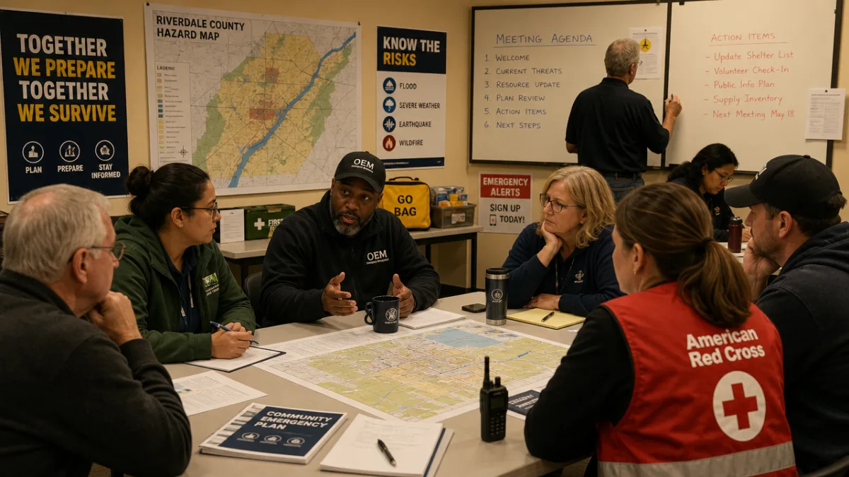 a community emergency preparedness meeting room with maps pinned to walls and…