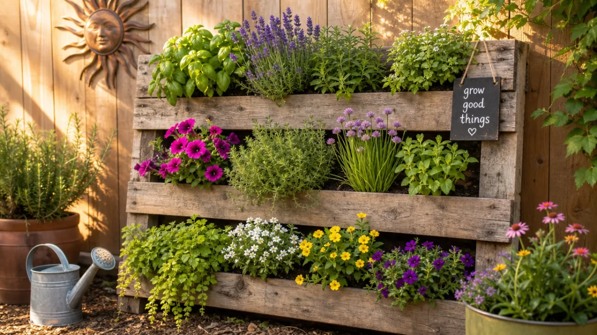 a rustic wooden pallet vertical planter filled with colorful herbs and flowers…