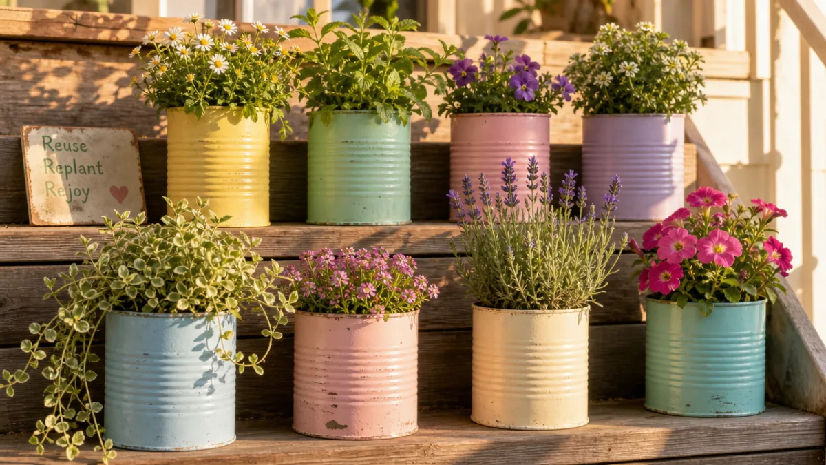a collection of upcycled tin can planters painted in pastel colors arranged…