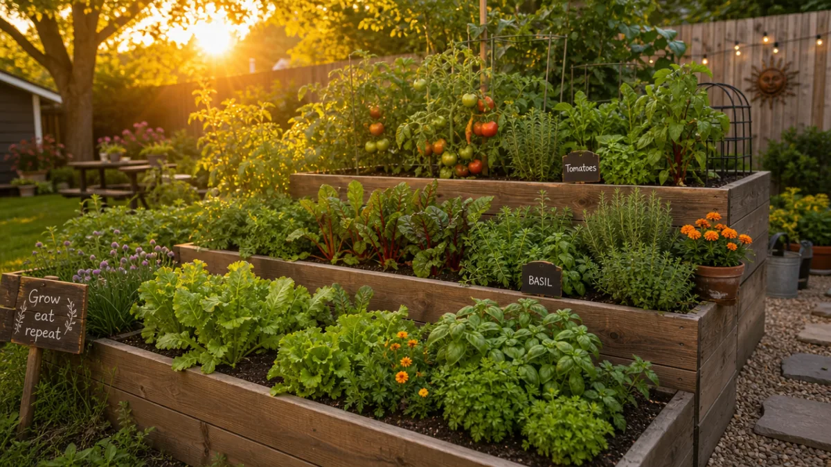 a lush tiered wooden raised bed garden filled with vegetables and herbs…