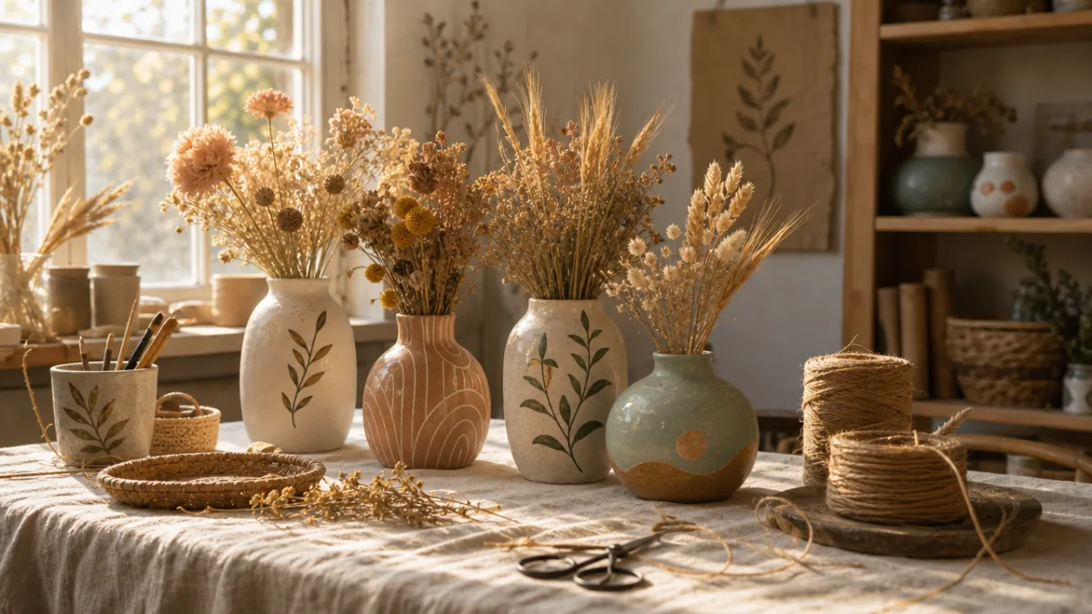 a cozy craft workspace with finished painted vases, dried flower arrangements, and…