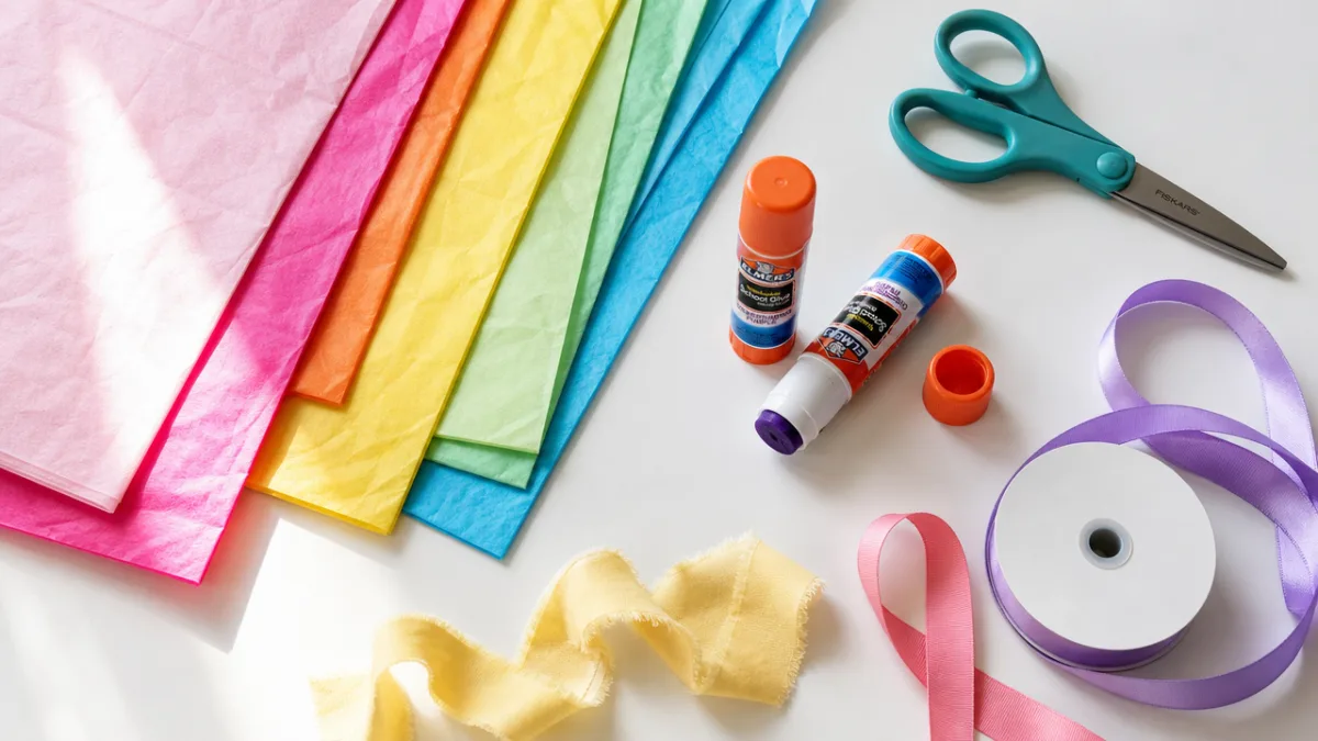 a flat lay of colorful tissue paper sheets, glue sticks, scissors and…