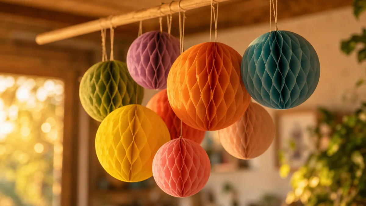 a cluster of colorful honeycomb paper ornaments hanging from a wooden ceiling…
