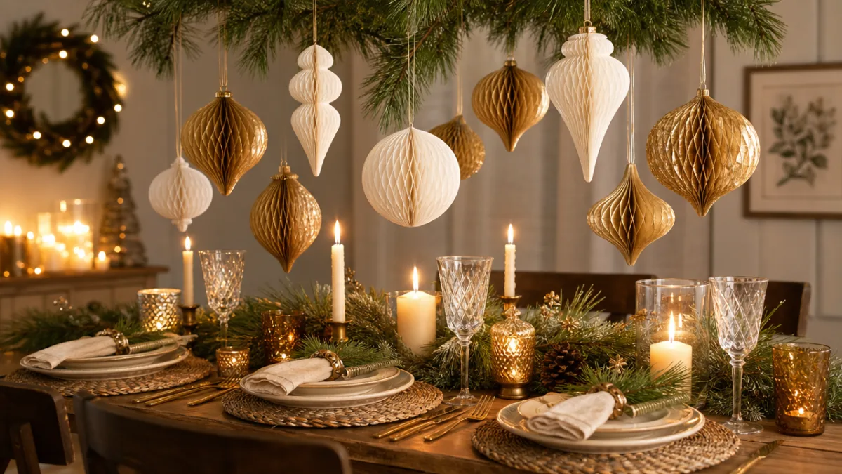 a cozy holiday table display with gold and white honeycomb ornaments hanging…