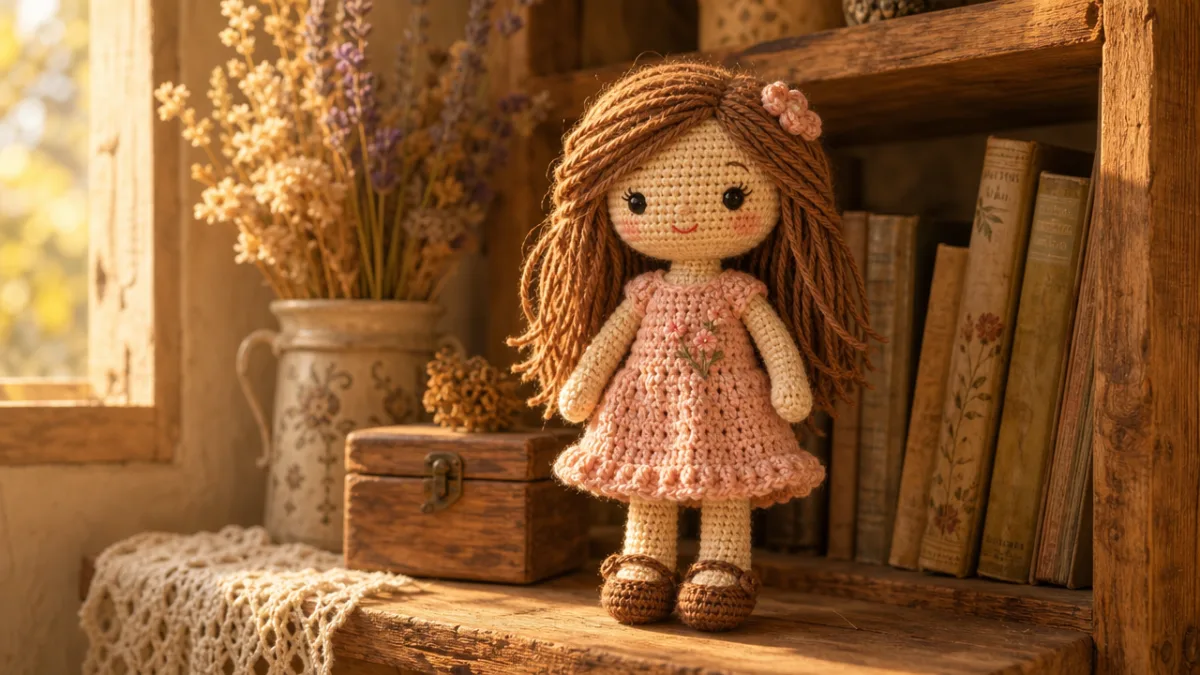 a handmade crochet doll with yarn hair and a tiny dress displayed…