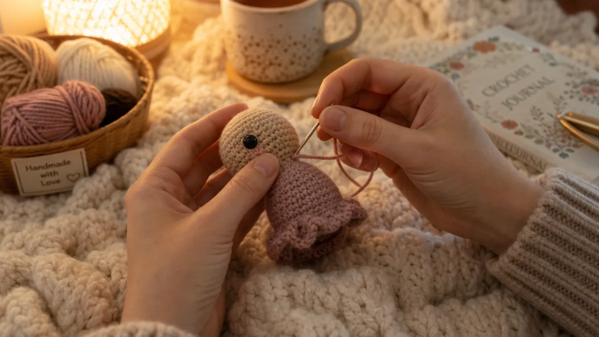a crafter's hands seaming a small crochet doll piece with a yarn…