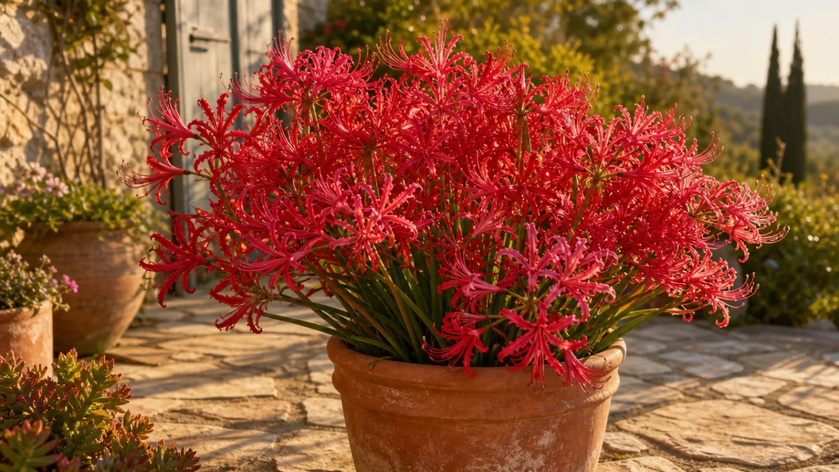 a terracotta pot overflowing with red nerine and spider lily blooms on…