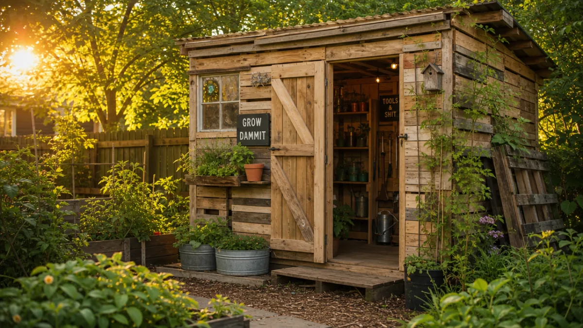 a rustic DIY garden shed built from reclaimed wood and pallets surrounded…