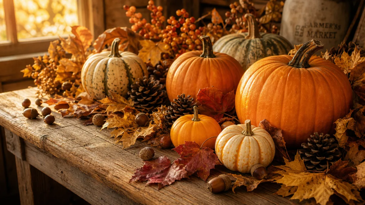 a rustic wooden table covered with pumpkins, dried leaves, pinecones and acorns,…