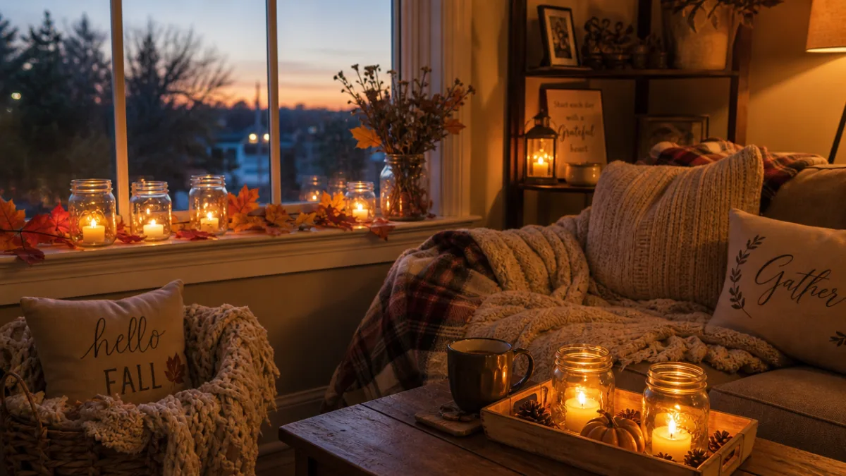 a cozy living room corner with mason jar candles, warm blankets and…