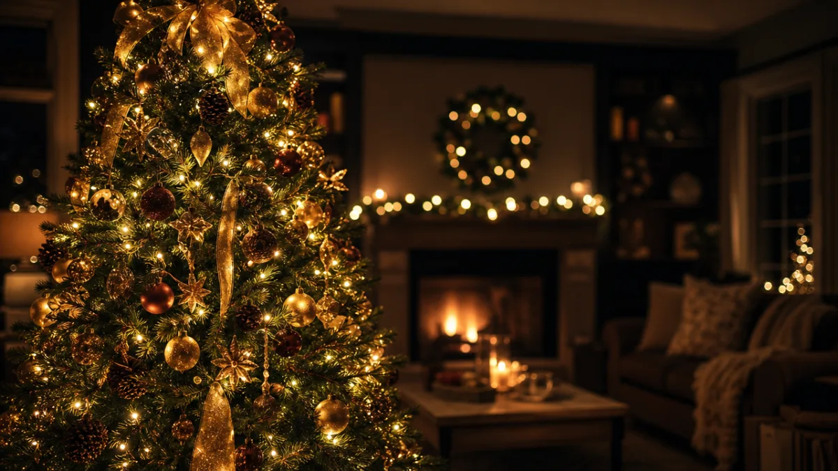 a beautifully decorated Christmas tree glowing with warm golden lights against a…
