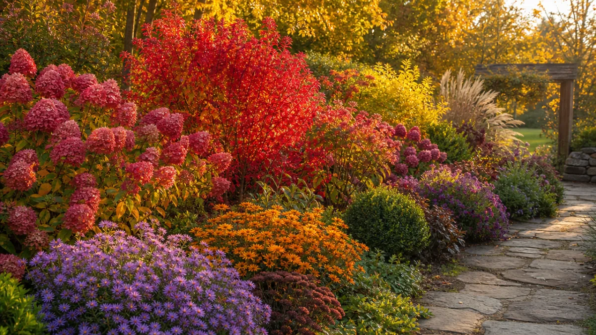 a lush garden border filled with colorful shrubs in full autumn bloom,…