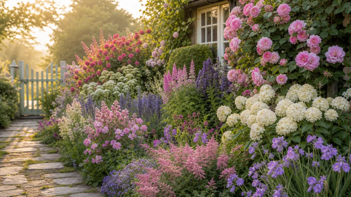 a vibrant cottage garden border with flowering shrubs in pink, purple, and…