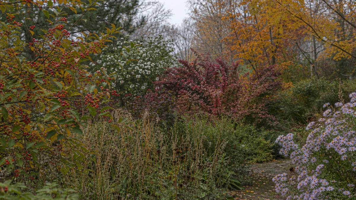 a naturalistic garden with native flowering shrubs and berry-laden branches, cool overcast…