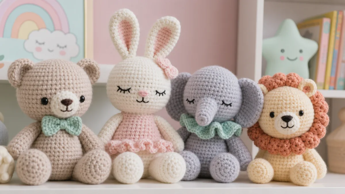 close-up of handmade crocheted stuffed animals with embroidered eyes displayed on a…