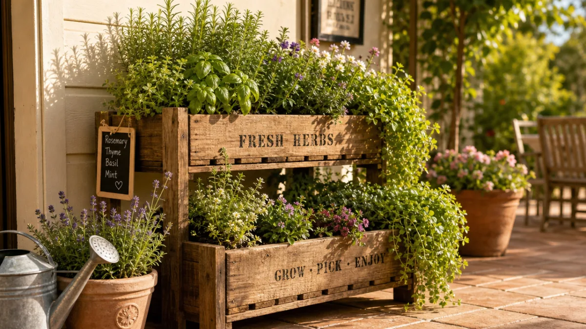 a rustic wooden crate planter stand on a sunny patio, filled with…