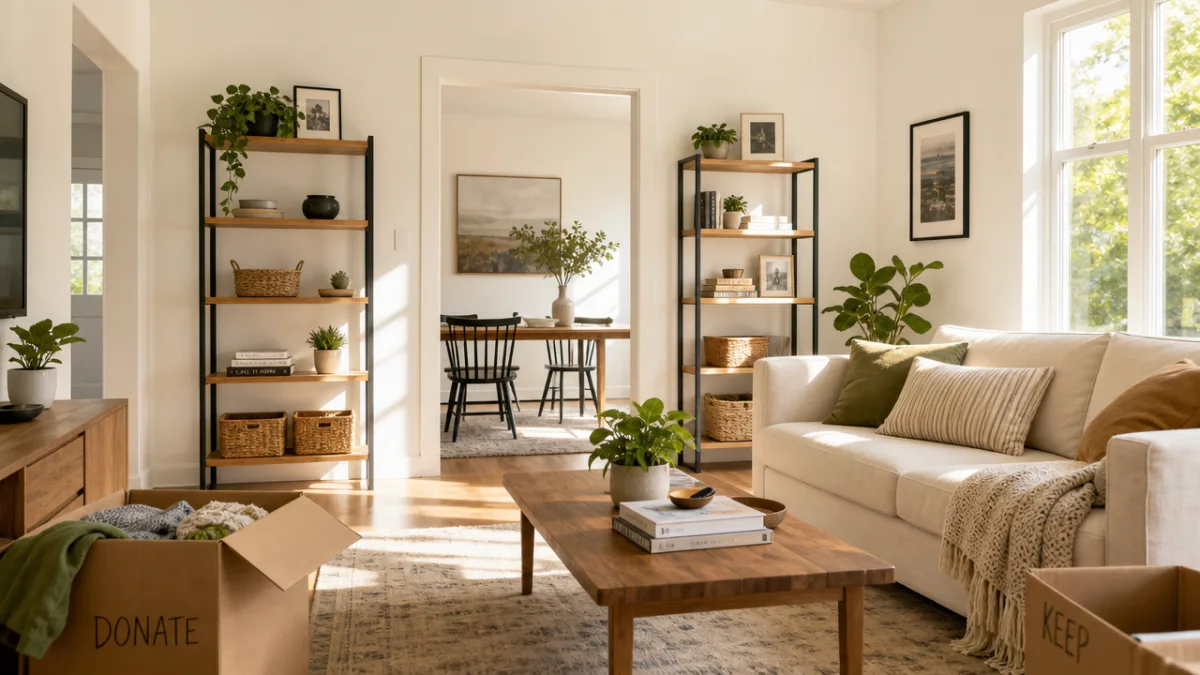 a sunlit living room mid-declutter with organized shelves, fresh white walls, and…