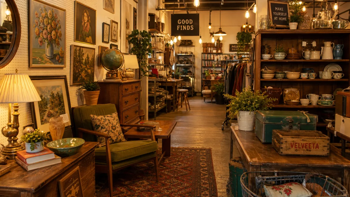 a cozy thrift store interior with warm Edison bulb lighting showing vintage…