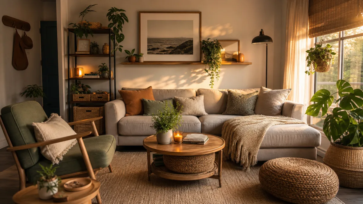 a beautifully styled budget-transformed living room with layered textiles, indoor plants, and…