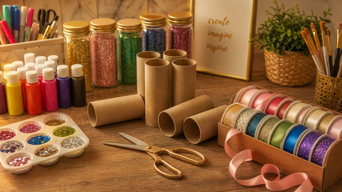 a neatly arranged craft table with cardboard rolls, paints, glitter, ribbon and…