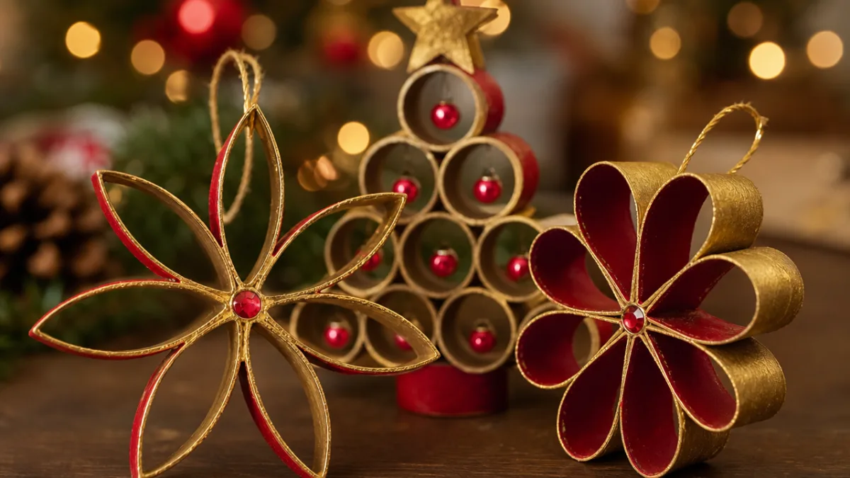 close-up of finished paper roll Christmas decorations painted gold and red, soft…