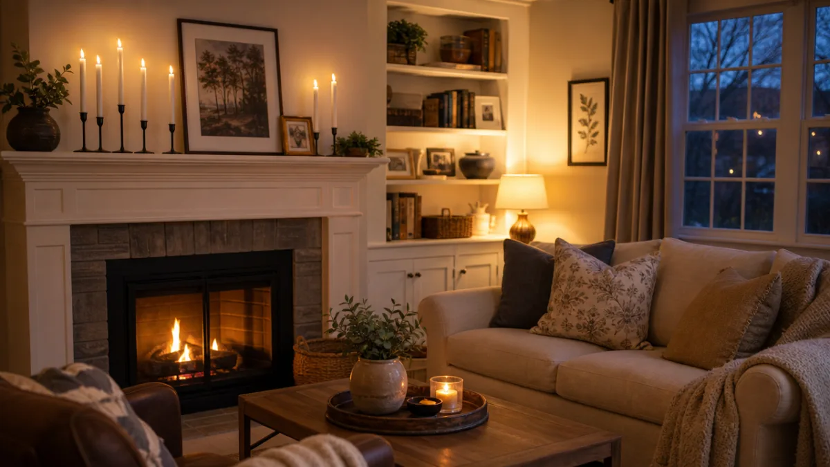 a cozy family living room with white flameless taper candles on a…