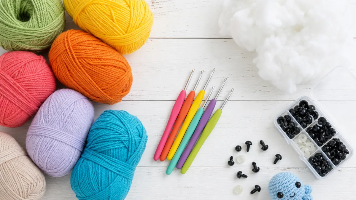 a flat lay of colorful yarn skeins, crochet hooks, safety eyes, and…