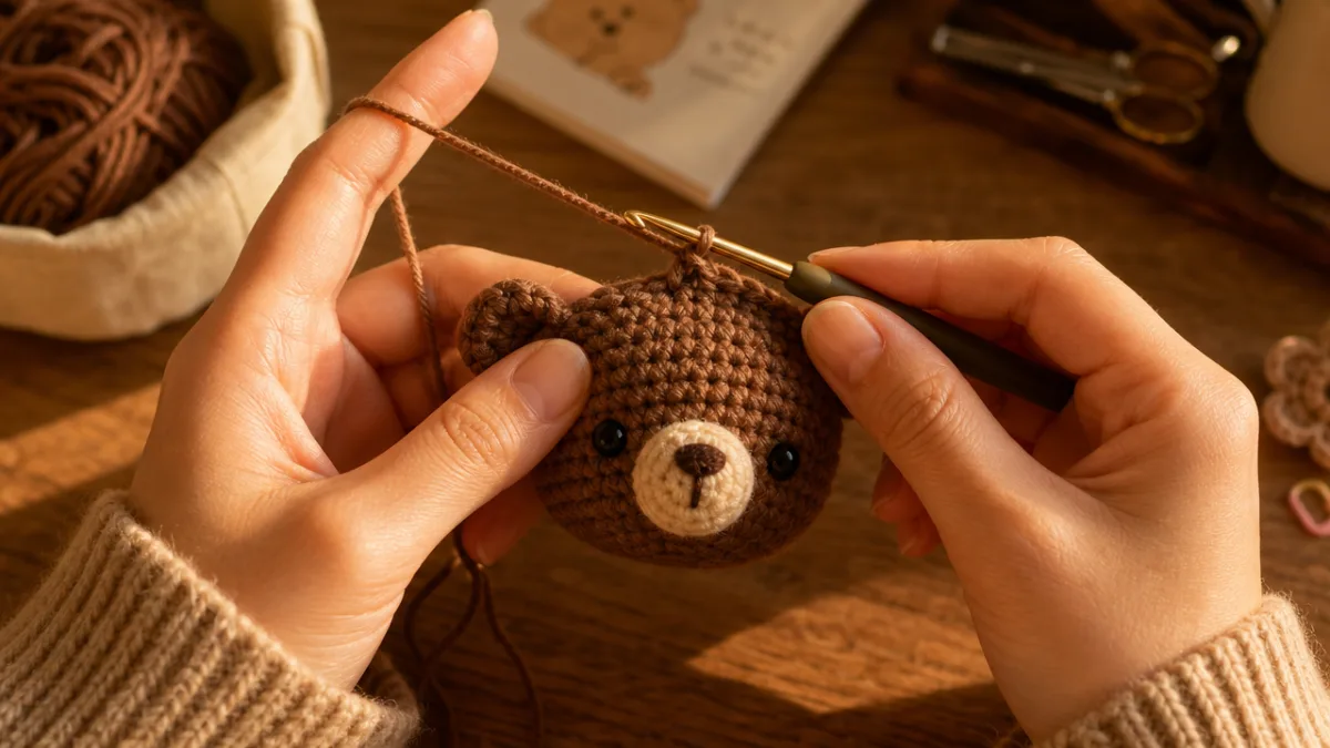 close-up hands crocheting a small brown bear head in progress, warm golden…