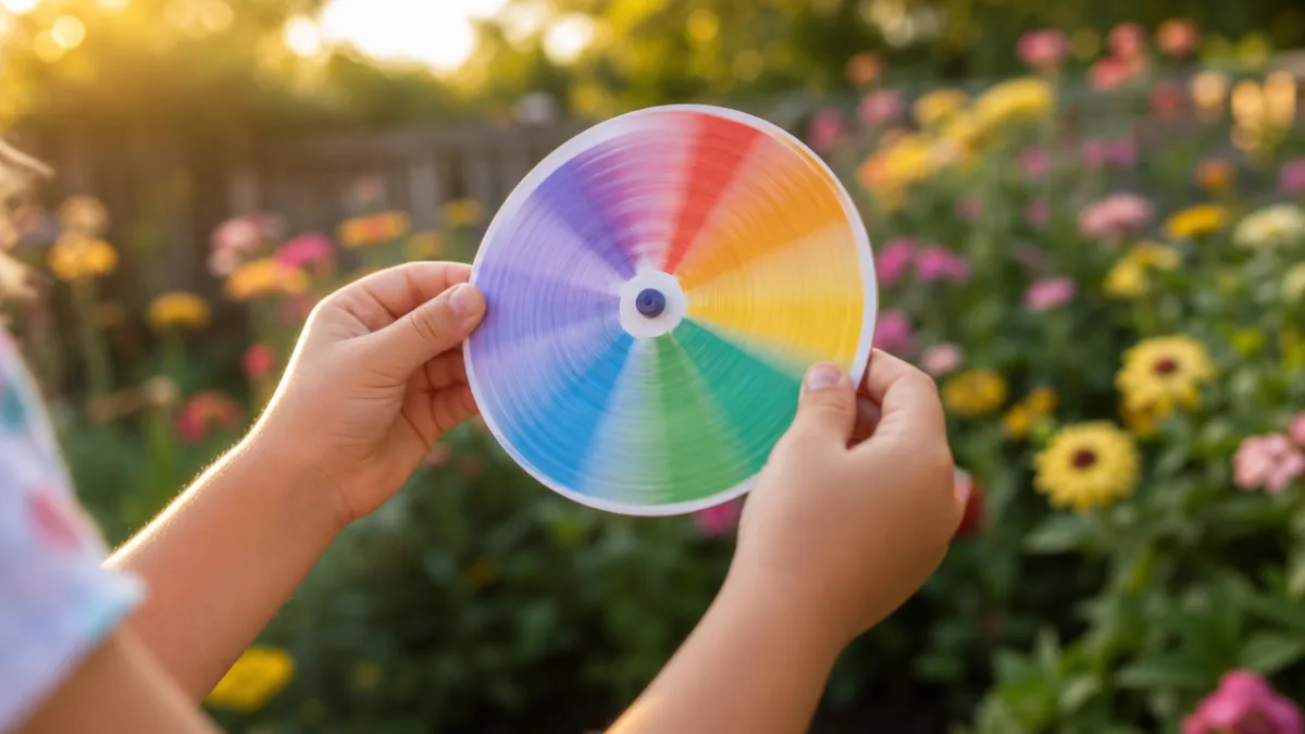 a child's hands holding a colorful spinning paper disc mid-spin against a…