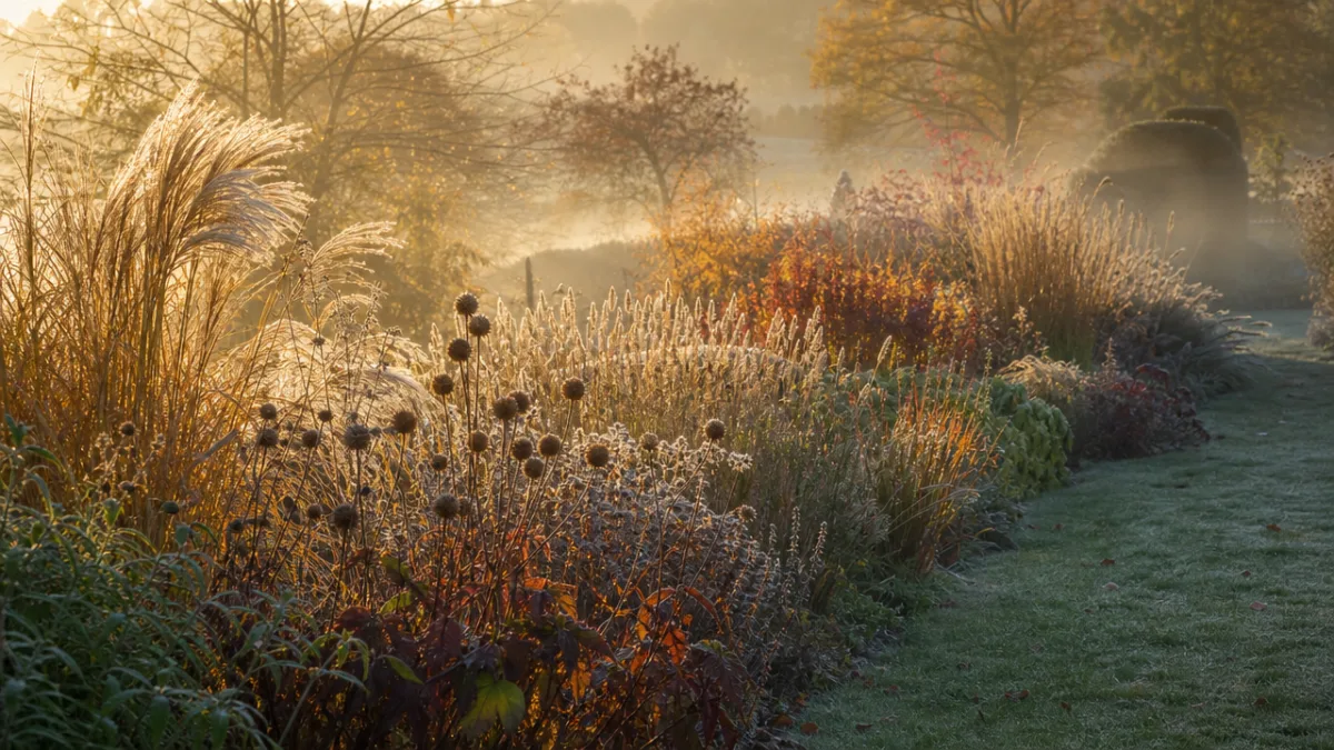 a garden border in autumn light with ornamental grasses and seed heads…