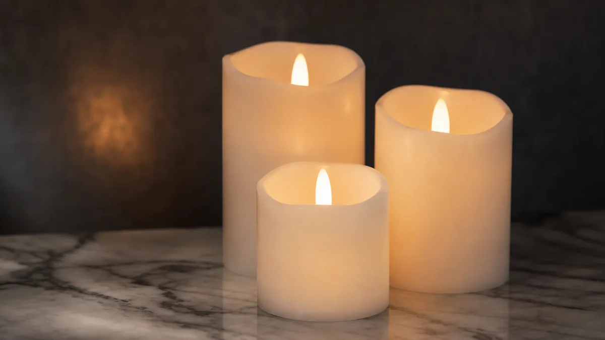 a close-up of three white acrylic flameless candles glowing warmly on a…