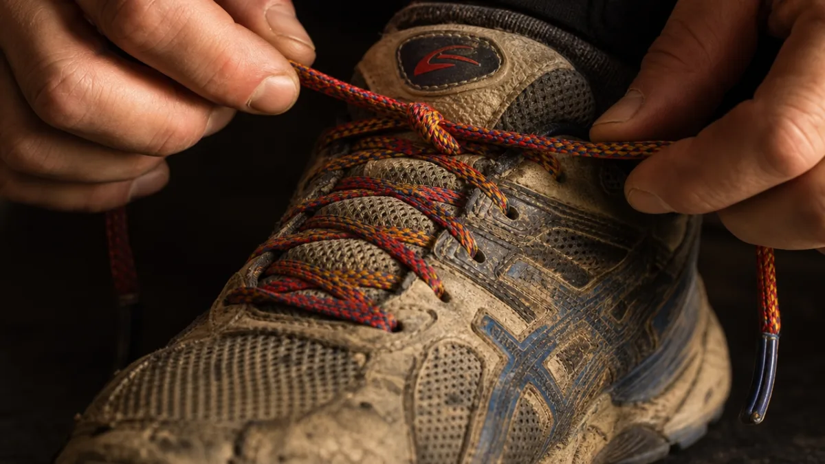 close-up of a well-worn athletic shoe being laced with a colorful lace,…