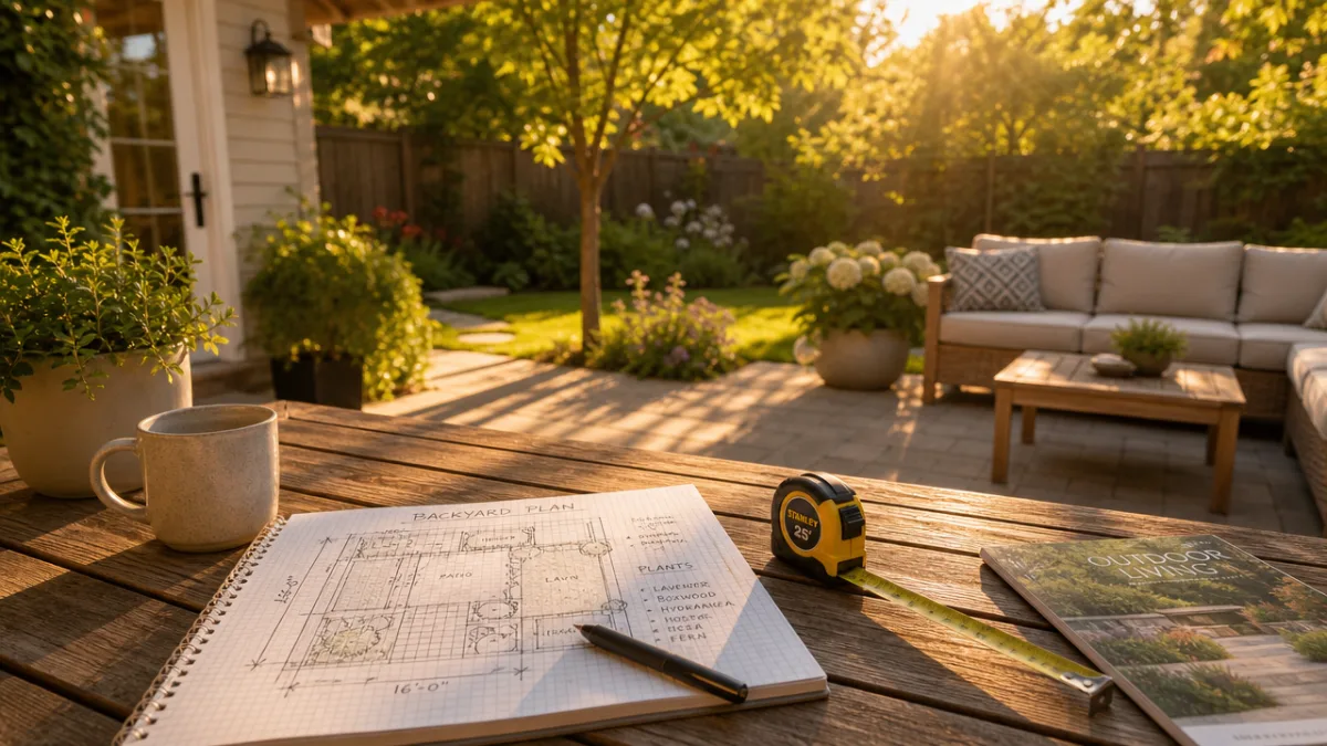 a sunlit backyard patio with graph paper plans and measuring tape laid…