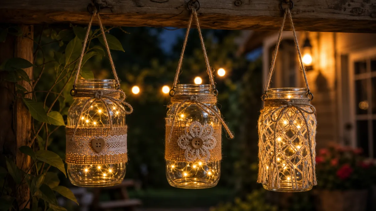 three decorated hanging mason jars with fairy lights inside, suspended from a…