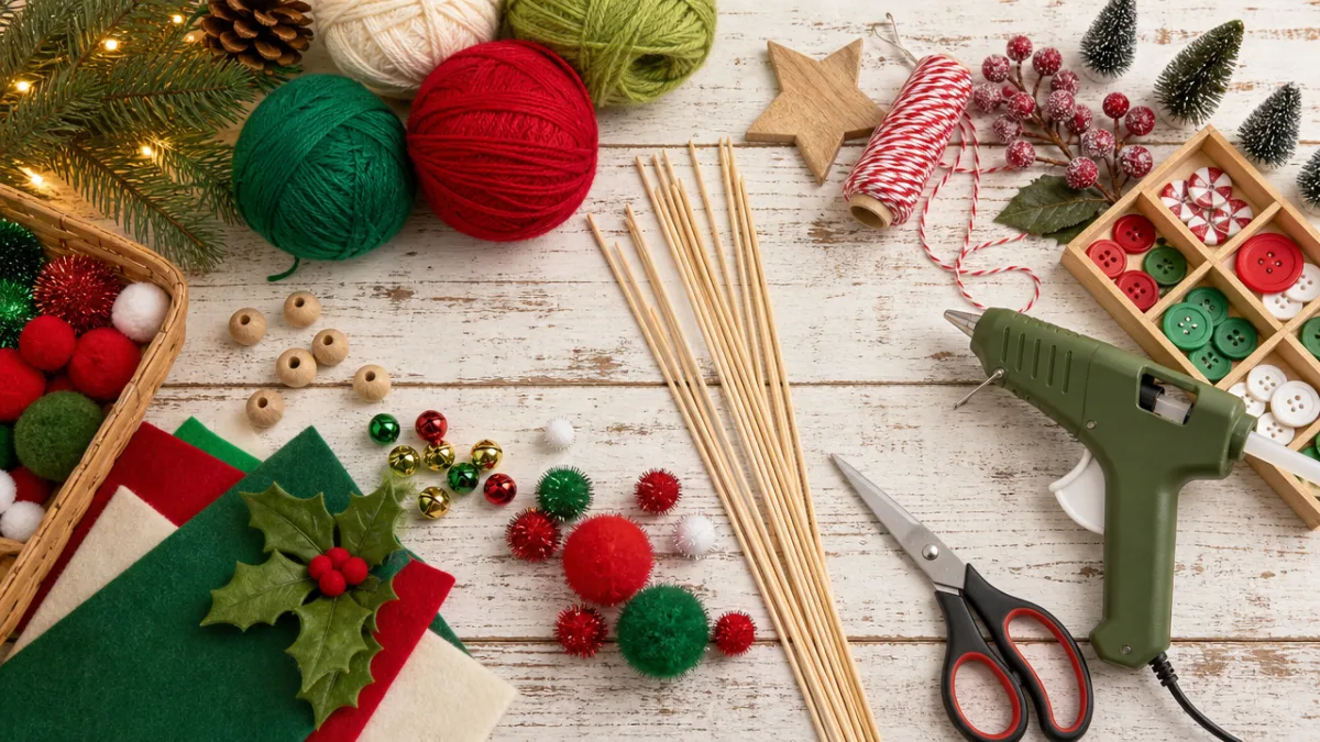 a flat lay of colorful Christmas craft supplies including yarn balls, wooden…
