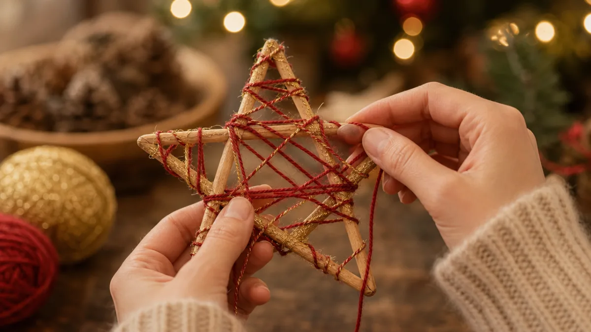 close-up of hands wrapping red and gold yarn around a wooden star…