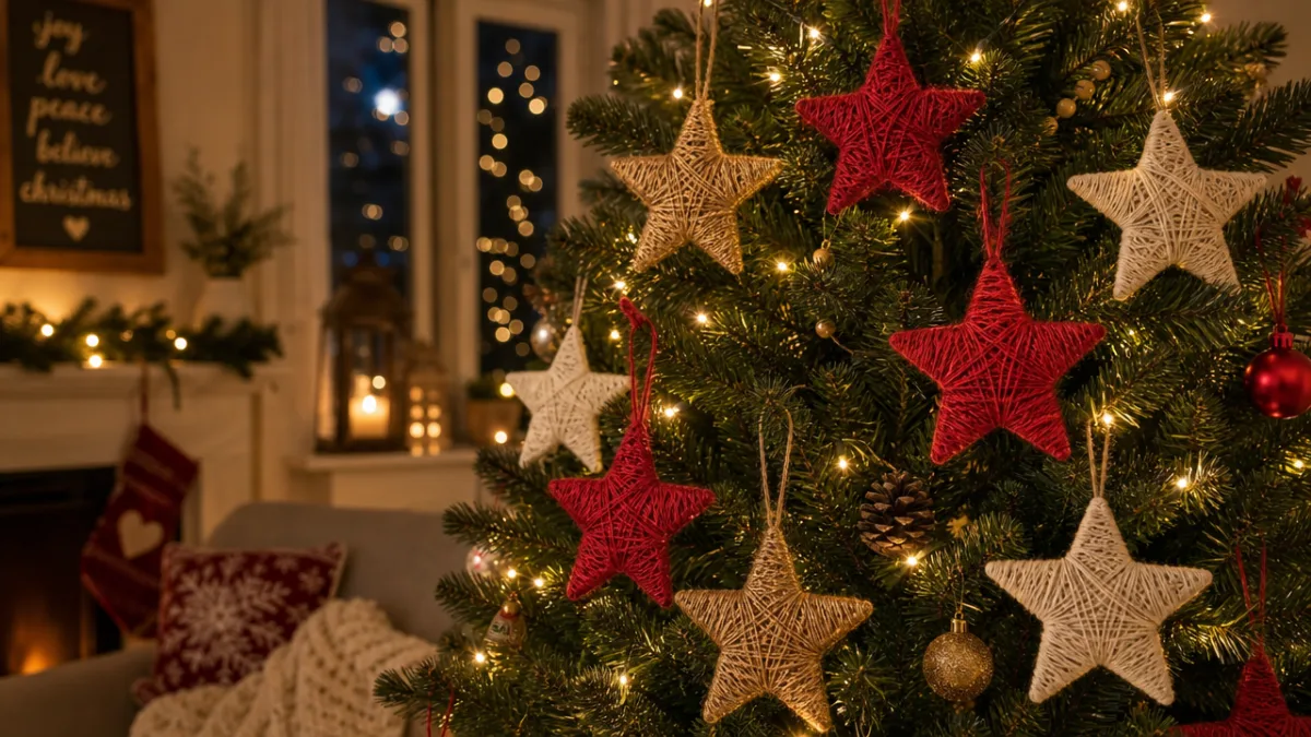a decorated Christmas tree with multiple handmade yarn wrapped star ornaments in…