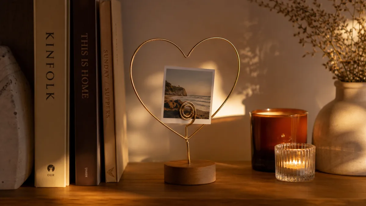 wire heart photo holder displayed on wooden shelf beside books and candles,…