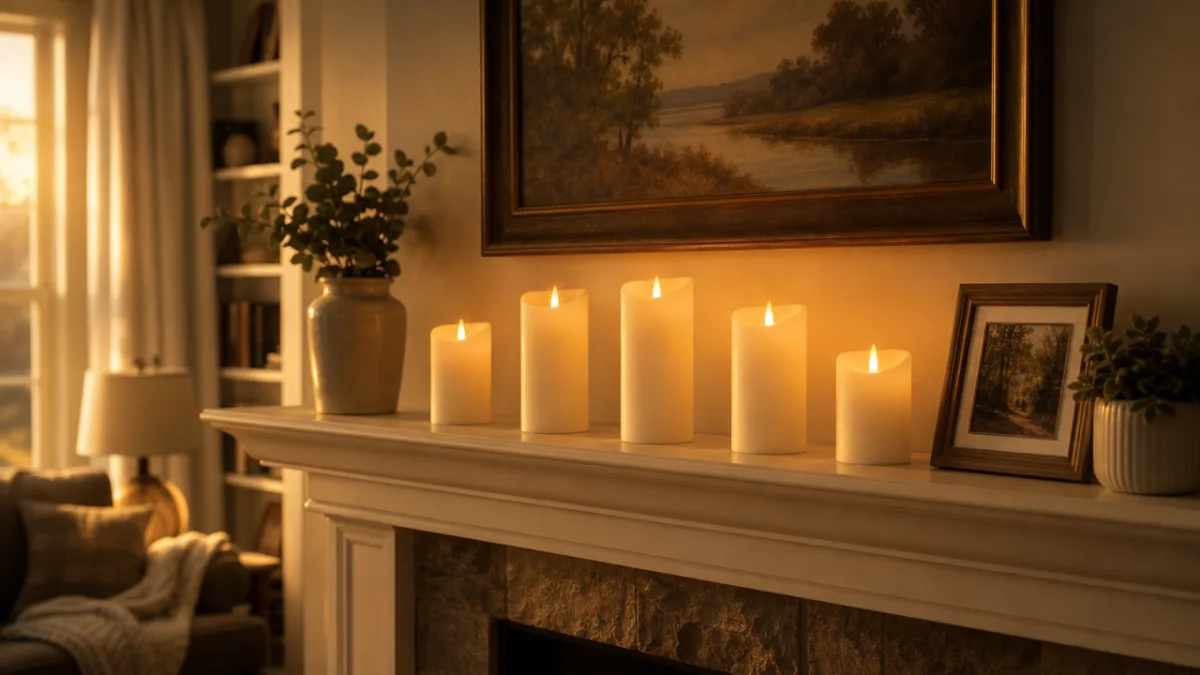 a warm cozy living room mantelpiece with five white LED candles glowing…