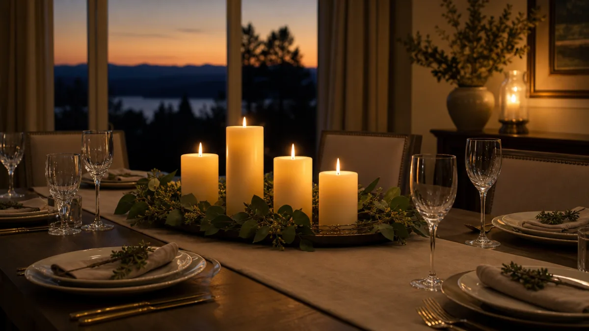 an elegant dining table with five LED pillar candles arranged centerpiece, soft…
