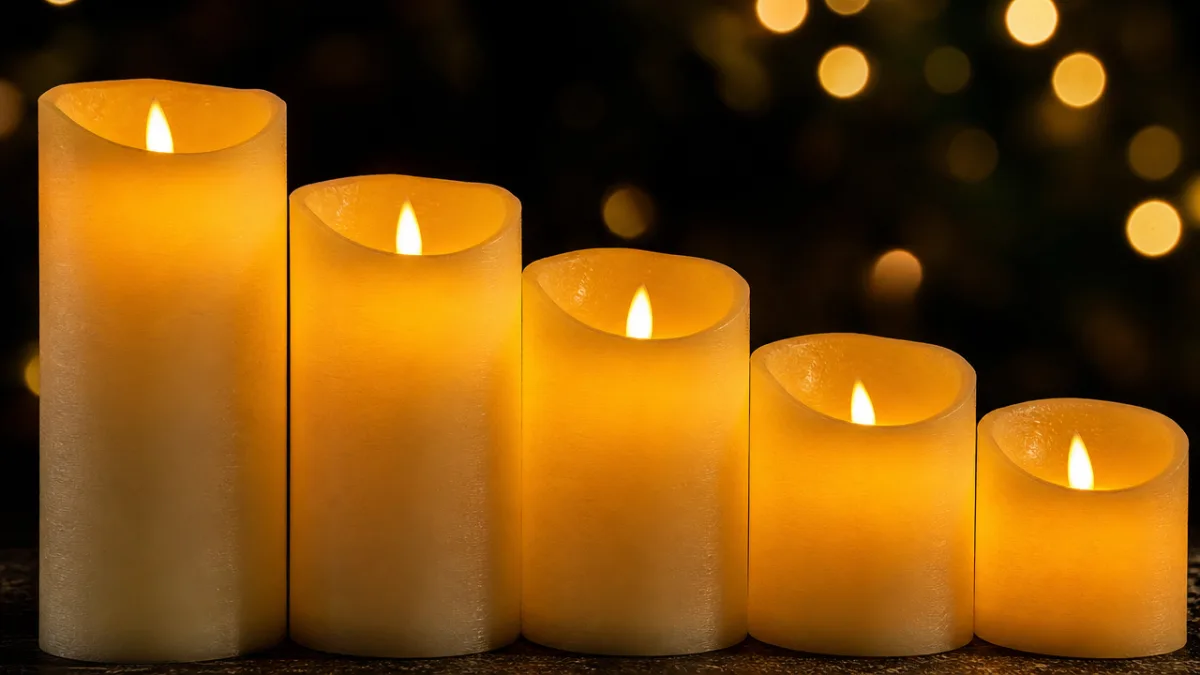 a close-up of five LED pillar candles in graduated heights glowing warmly,…