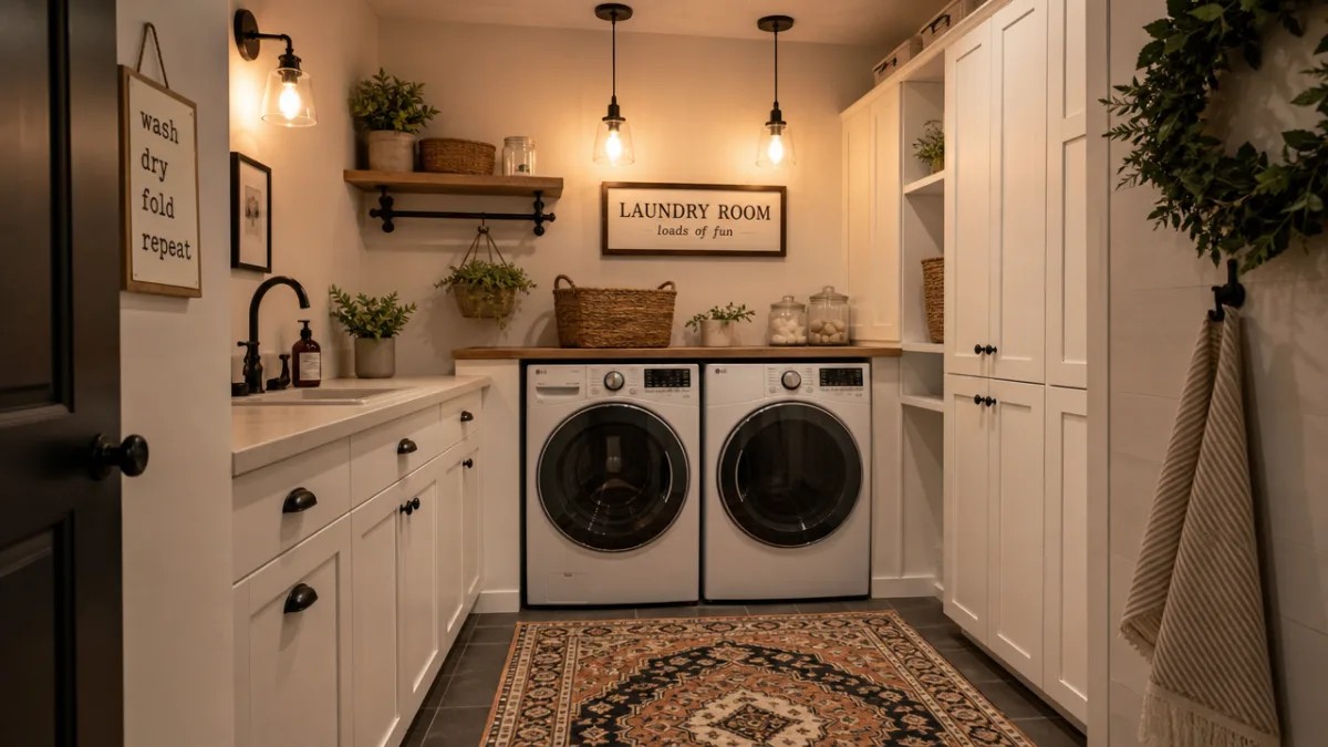 a beautifully styled small laundry room with white cabinets, a patterned rug,…